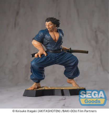 Baki Hanma Luminasta Musashi Miyamoto Figure in dark blue outfit with sword accessories and battle-ready pose