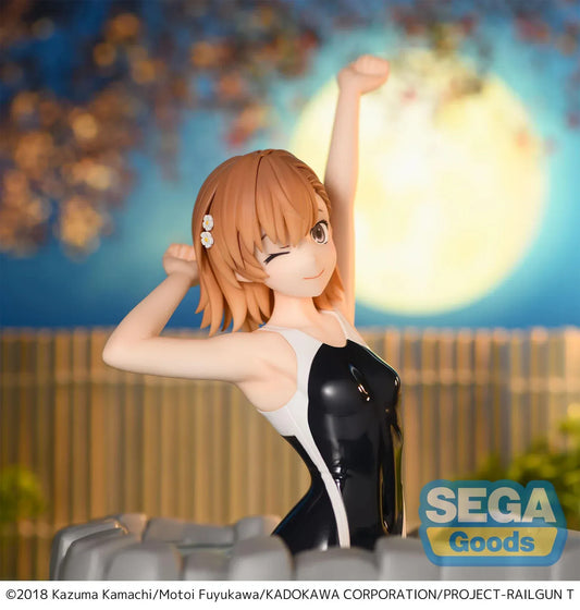 Mikoto Misaka Thermae Utopia figure from A Certain Scientific Railgun T standing in bath base wearing black swimsuit and winking.