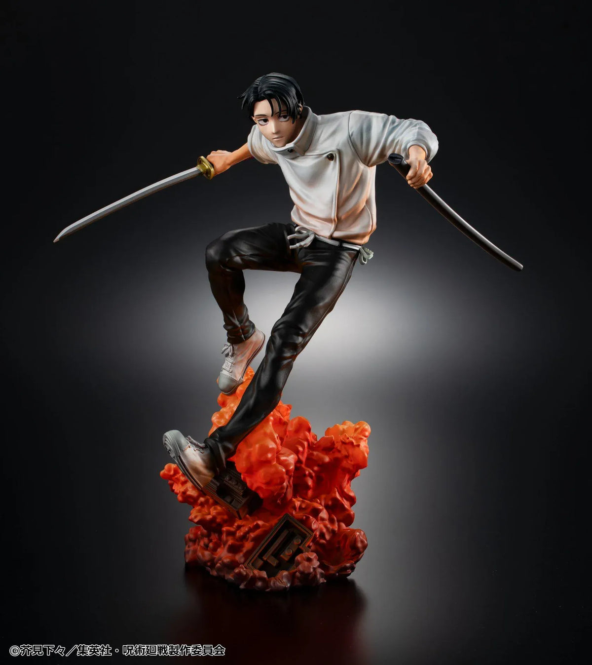 Jujutsu Kaisen Yuta Okkotsu The Culling Game figure in an airborne sword pose, wearing a white jacket and black trousers above an orange effect base.