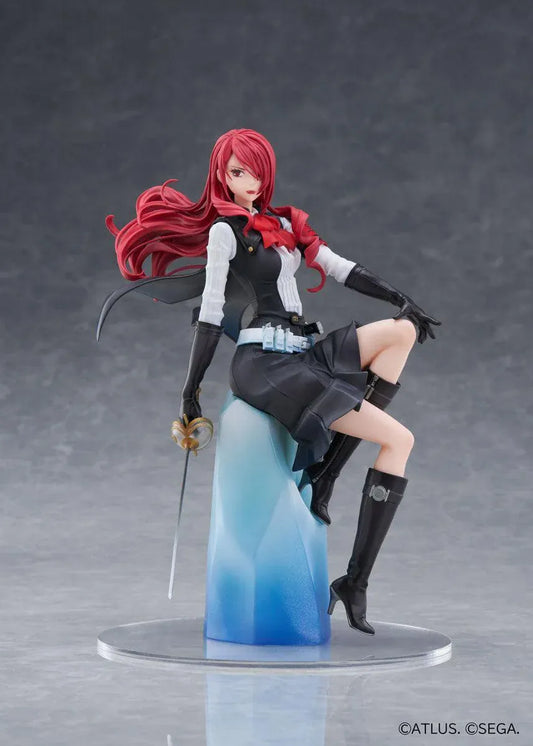 Persona 3 Reload Mitsuru Kirijo 1/7 scale figure seated on a blue crystalline pedestal, with flowing crimson hair, a black-and-white outfit, and a sword.