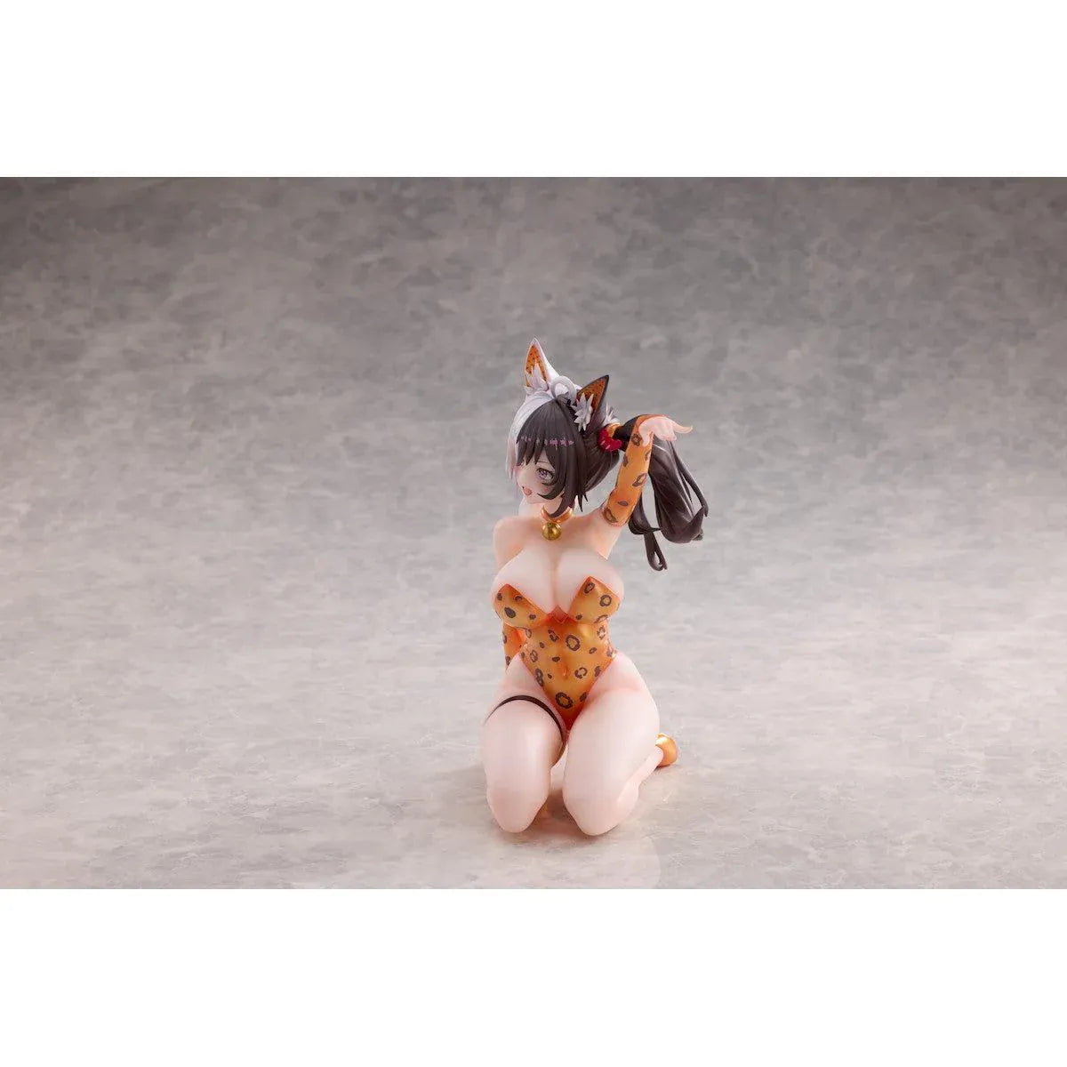 Astral Party Nancy Lu 1/6 Scale Figure featuring a black and white-haired anime girl with purple eyes wearing an orange leopard-print bodysuit, animal ears, and a spotted tail in a playful kneeling pose, accompanied by matching illustrated artwork.