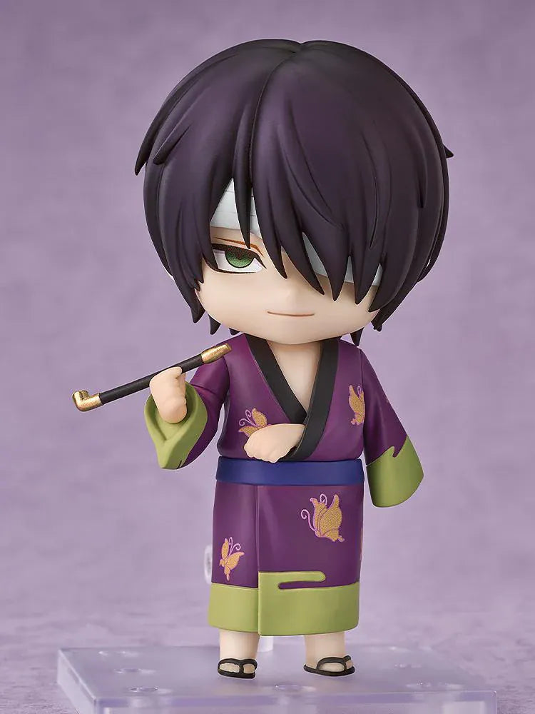 Gintama Nendoroid Shinsuke Takasugi Figure wearing a purple kimono with pipe accessory and bandaged eye detail
