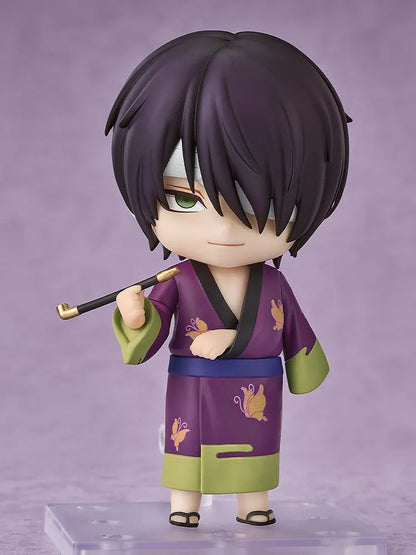 Gintama Nendoroid Shinsuke Takasugi Figure wearing a purple kimono with pipe accessory and bandaged eye detail