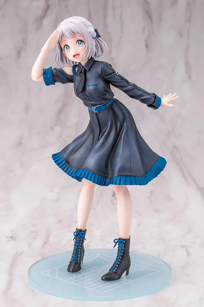 The Idolmaster Gakuen Lilja Katsuragi Hakusen DX Ver. 1/7 Scale Figure featuring Lilja with short silver hair, black dress with blue accents, boots, and themed display base.