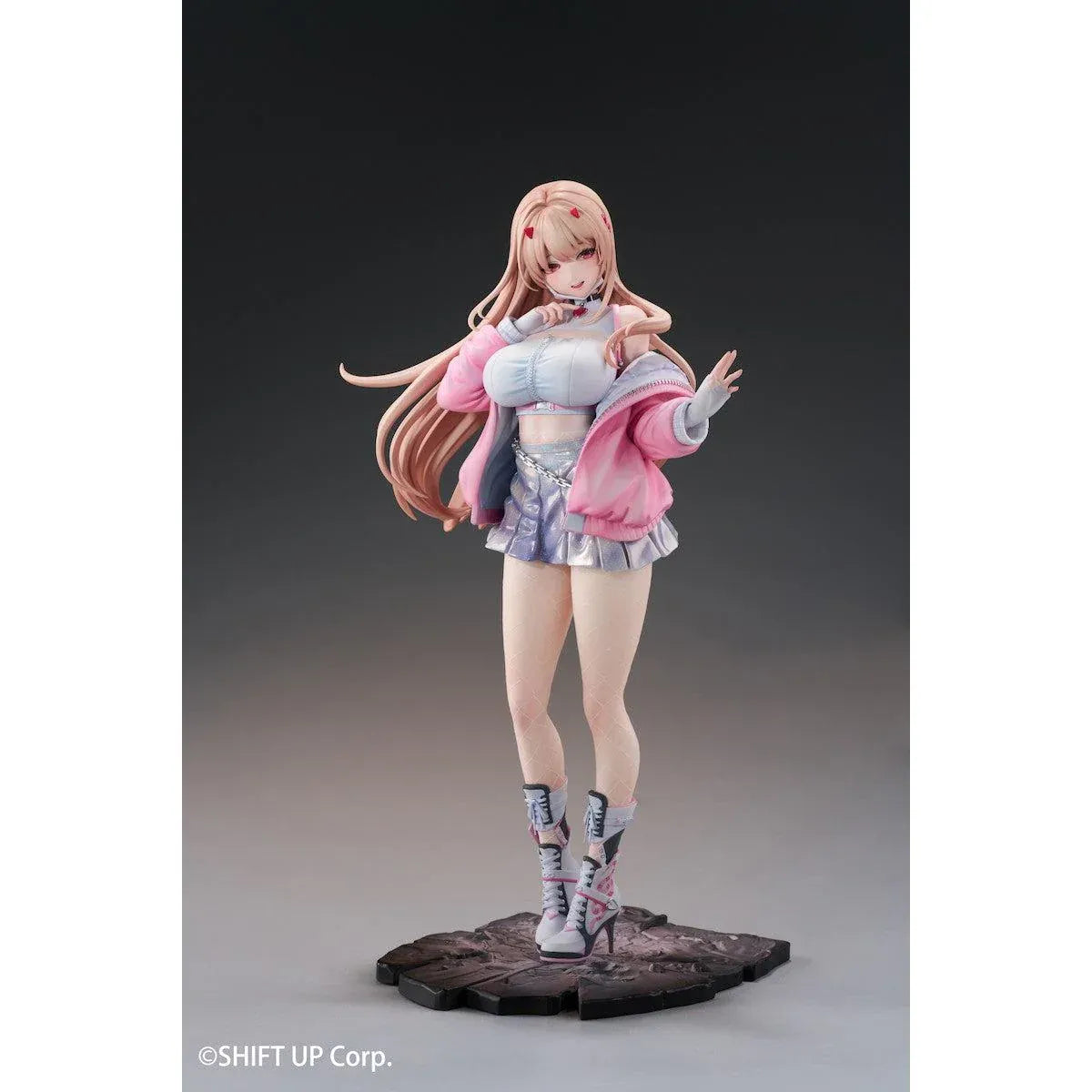 Viper Deluxe Edition 1/7 scale figure from Goddess of Victory Nikke wearing a pink jacket and stylish outfit with an illustrated wall scroll.