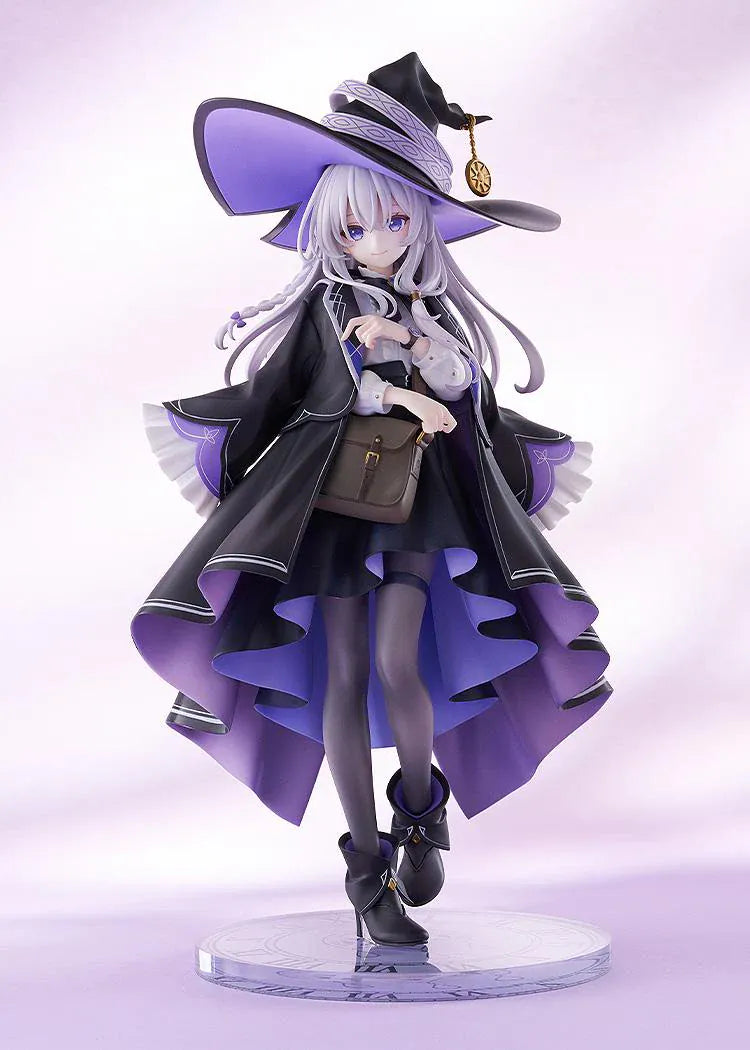 Wandering Witch The Journey of Elaina Elaina 1/7 Scale Figure with silver hair, black and purple witch outfit, wide hat, cloak, and travel bag