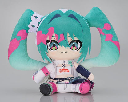 Vocaloid Racing Miku 2025 plushie with twin-tails and Good Smile Racing outfit