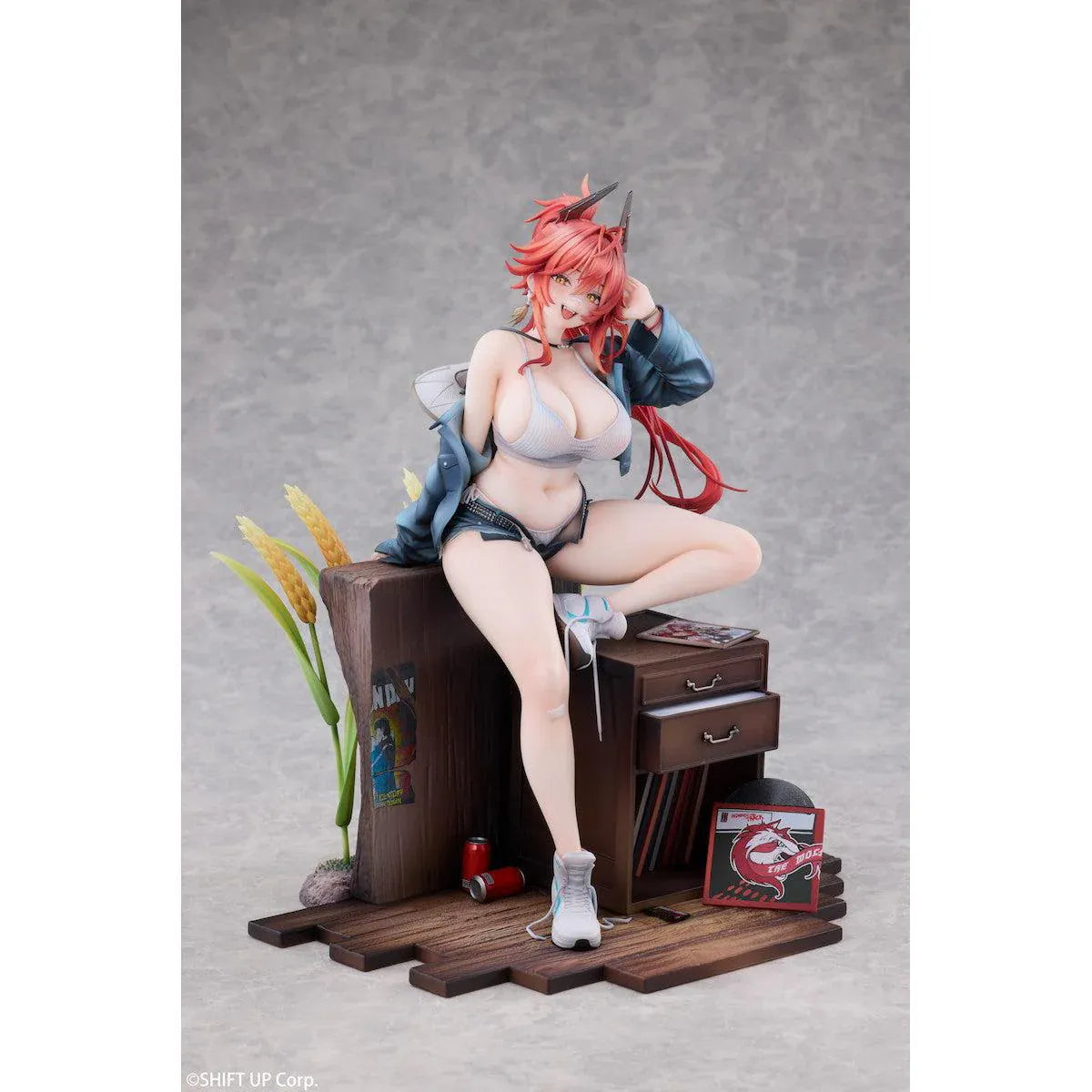 Goddess of Victory Nikke Red Hood Retro Days Deluxe Ver. 1/7 Scale Figure with long red hair, casual outfit, seated pose, and retro diorama base