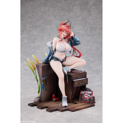 Goddess of Victory Nikke Red Hood Retro Days Deluxe Ver. 1/7 Scale Figure with long red hair, casual outfit, seated pose, and retro diorama base