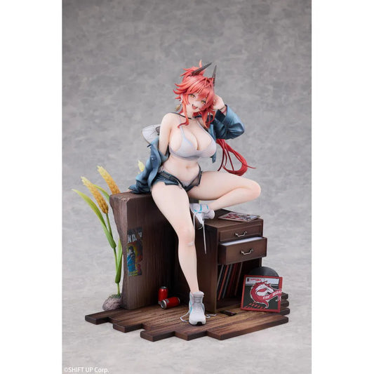 Goddess of Victory Nikke Red Hood Retro Days Deluxe Ver. 1/7 Scale Figure with long red hair, casual outfit, seated pose, and retro diorama base