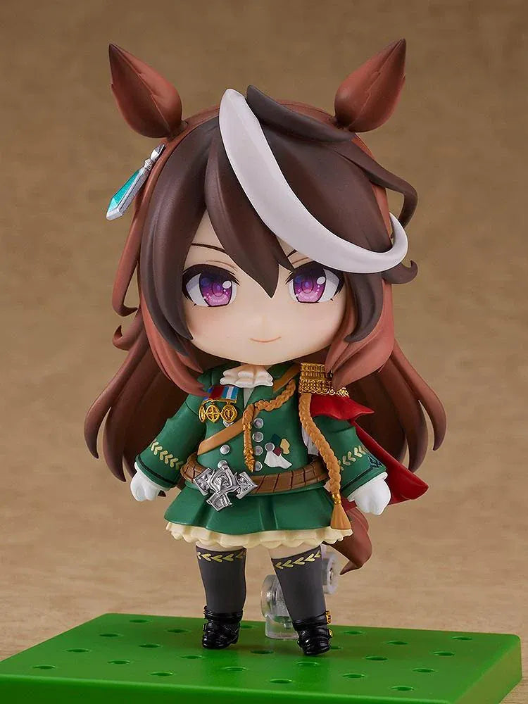 Umamusume Pretty Derby Nendoroid Symboli Rudolf Figure (Rerelease) featuring a brown-haired horse girl with a white forelock, purple eyes, green academy uniform, gold decorations, red cape, and black boots.