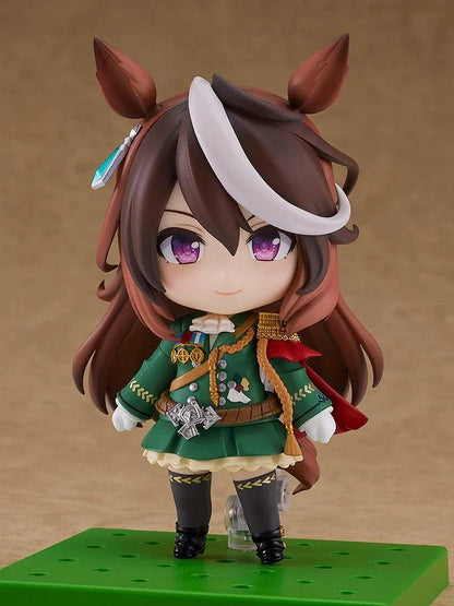Umamusume Pretty Derby Nendoroid Symboli Rudolf Figure (Rerelease) featuring a brown-haired horse girl with a white forelock, purple eyes, green academy uniform, gold decorations, red cape, and black boots.