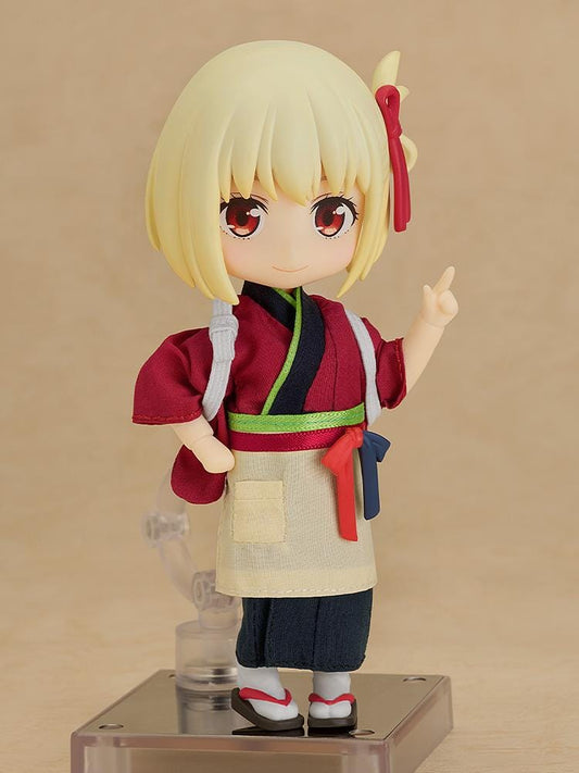 Lycoris Recoil Nendoroid Doll Chisato Nishikigi in Cafe LycoReco uniform with red kimono-style top and apron standing pose.