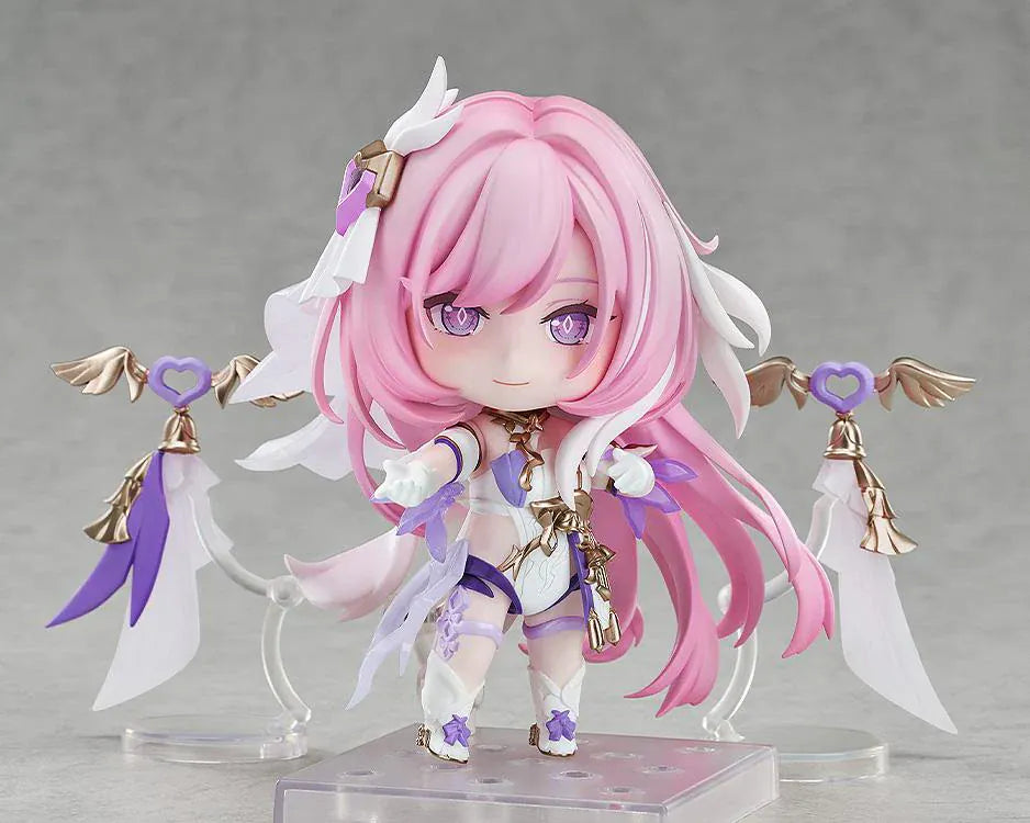 Honkai Impact 3rd Nendoroid No.2916 Elysia Herrscher of Human Ego chibi figure with pink hair, white and purple outfit, and wing accessories