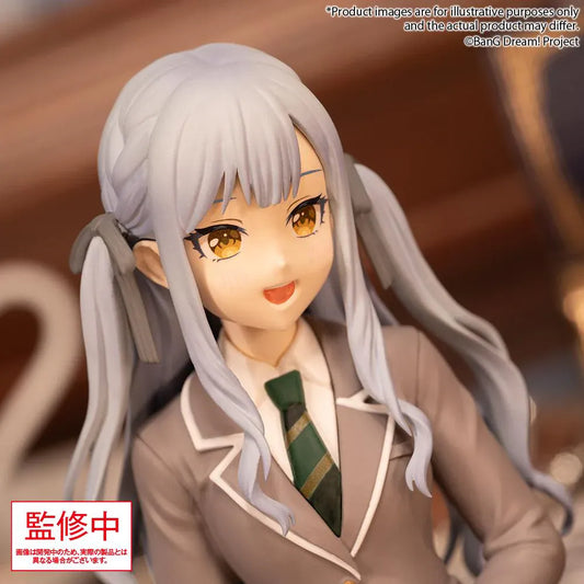 BanG Dream Ave Mujica Sakiko Togawa Uniform Ver. Premium Figure featuring Sakiko seated in a school uniform with long silver twin tails, golden eyes, beige blazer, and green plaid skirt.