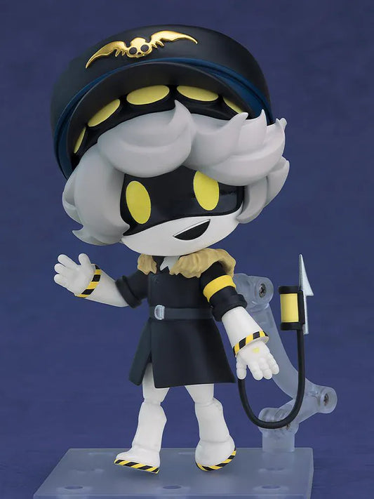 Murder Drones Nendoroid N Figure with pilot hat, white hair, yellow eyes, black outfit, waving pose, and mechanical tail accessory