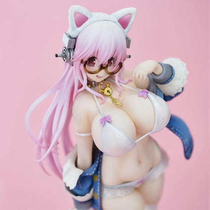 Super Sonico White Cat Ver. figure with pink hair, cat ears, glasses, blue jacket, white outfit, and milk bowl on a clear base.