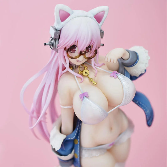 Super Sonico White Cat Ver. figure with pink hair, cat ears, glasses, blue jacket, white outfit, and milk bowl on a clear base.
