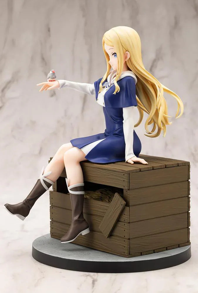 Sasaki and Peeps Elsa 1/7 Scale Figure featuring a blonde-haired anime girl with blue eyes wearing a navy-blue and white outfit, sitting on a wooden crate with a small bird perched on her hand.