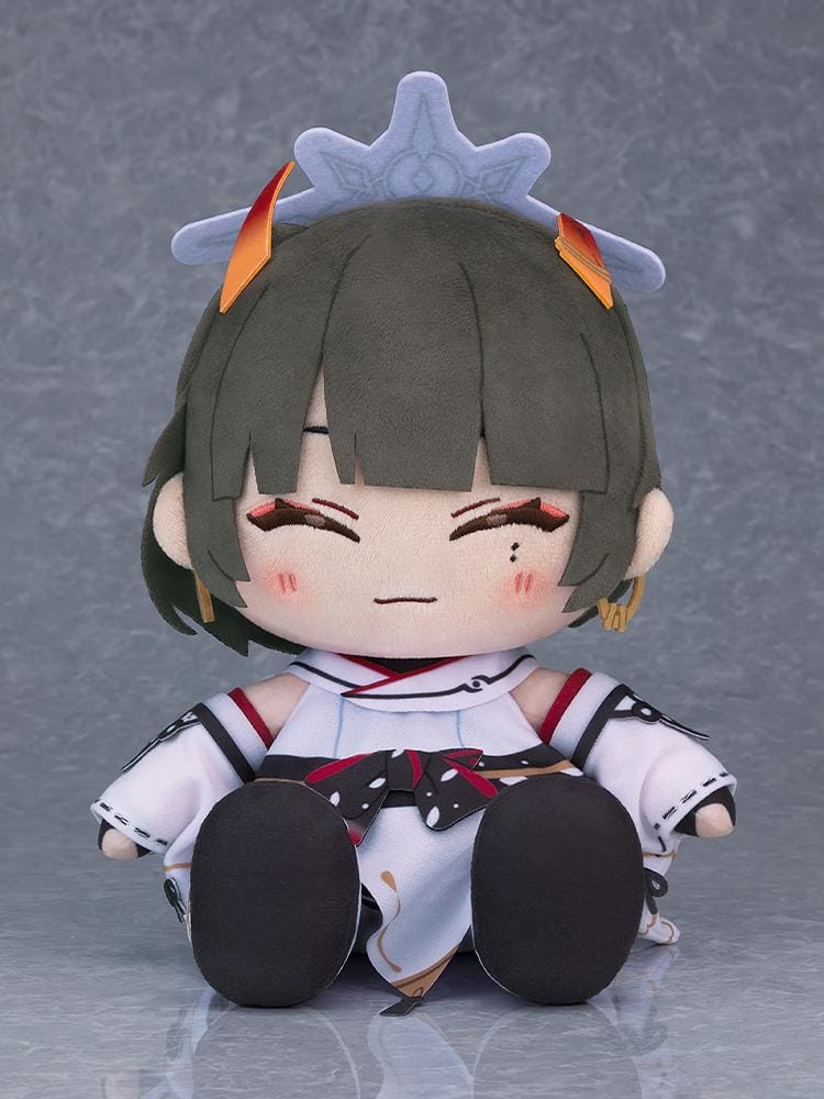 Blue Archive Chocopuni Niya plushie with short dark hair, orange-red horns, a lavender halo, closed-eye smile, and a white outfit with black and red details.