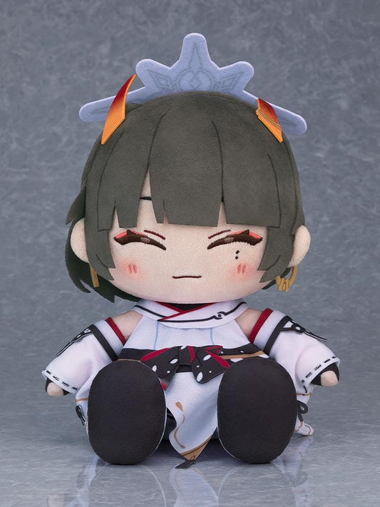 Blue Archive Chocopuni Niya plushie with short dark hair, orange-red horns, a lavender halo, closed-eye smile, and a white outfit with black and red details.