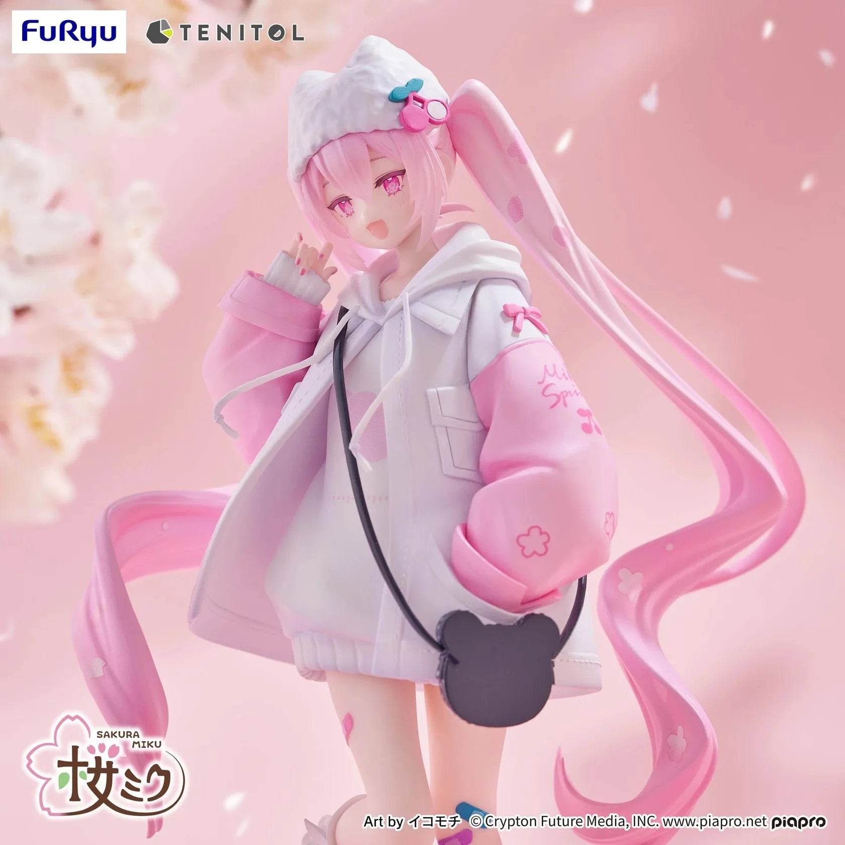 Vocaloid Tenitol Petit Sakura Miku Cool Style Figure featuring Sakura Miku in a pink and white hoodie outfit with twin-tails and a cat-shaped bag
