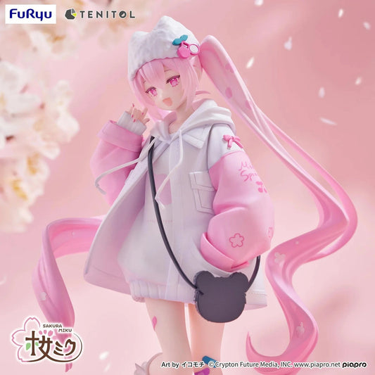 Vocaloid Tenitol Petit Sakura Miku Cool Style Figure featuring Sakura Miku in a pink and white hoodie outfit with twin-tails and a cat-shaped bag