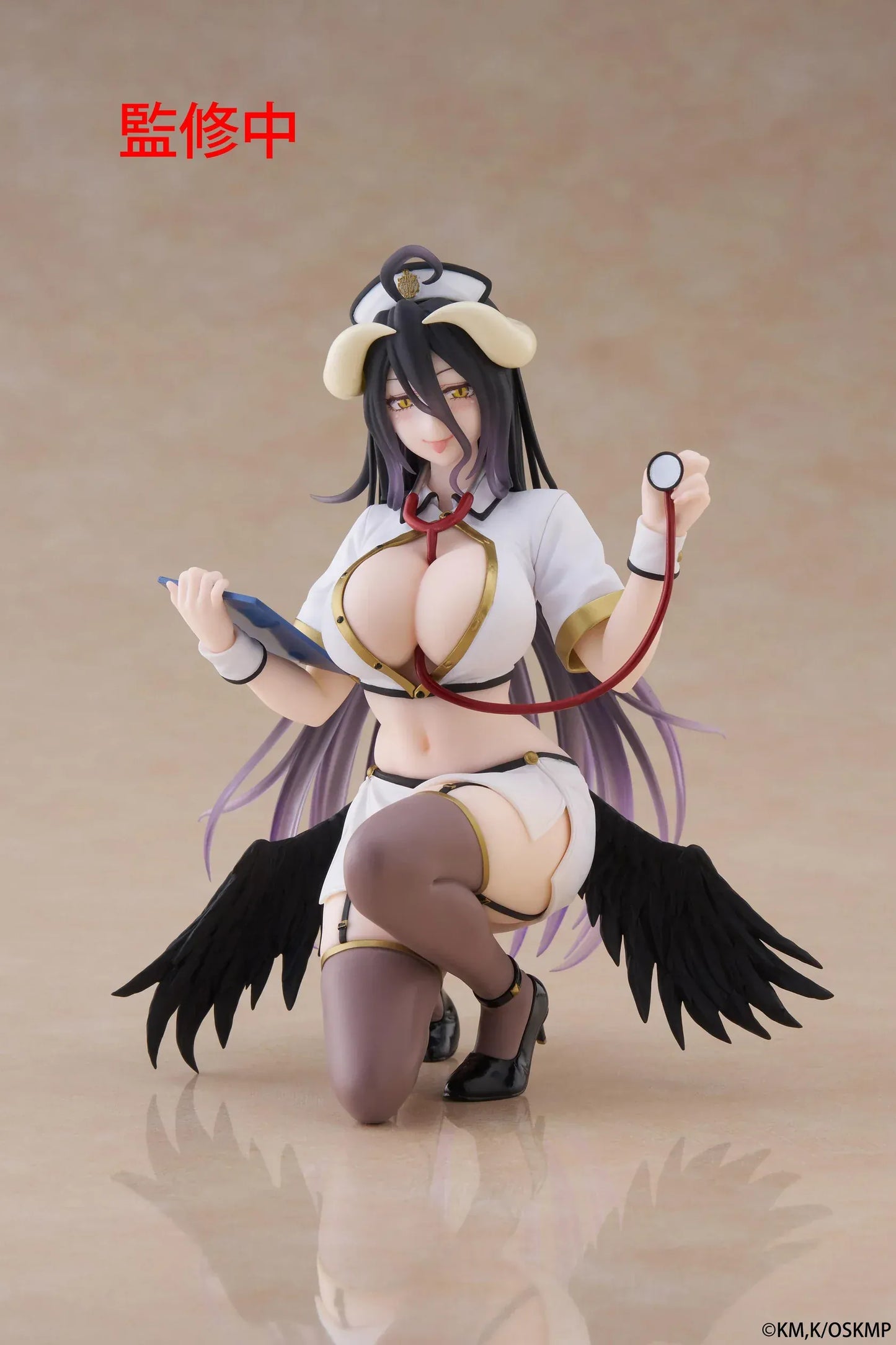Overlord Desktop Cute Albedo (Nurse Ver.) Figure featuring Albedo in a white nurse outfit with wings, stethoscope, and elegant smile.