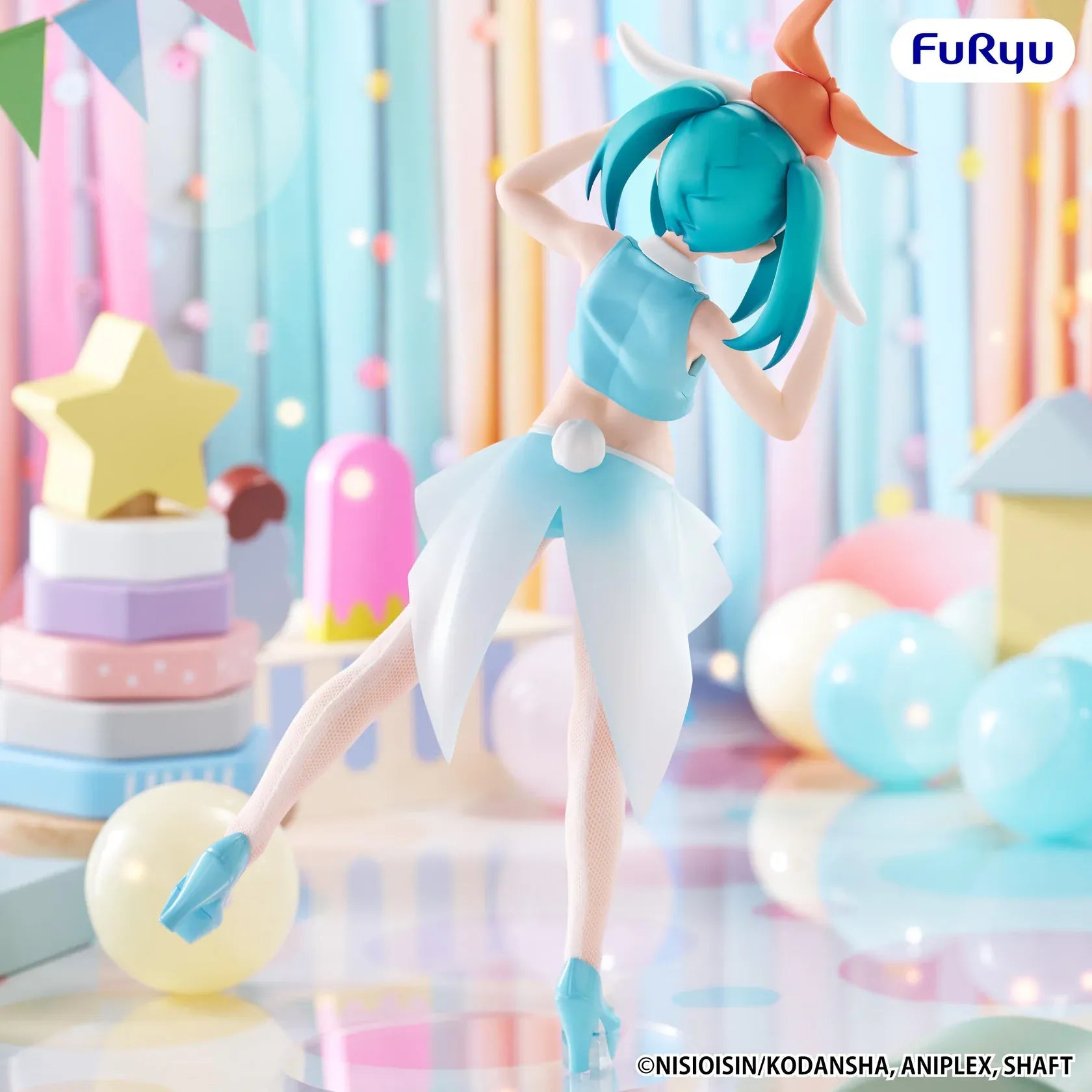 Monogatari BiCute Bunnies Yotsugi Ononoki figure featuring turquoise hair, a light blue bunny outfit, oversized bunny headpiece, fishnet tights, and a playful pose