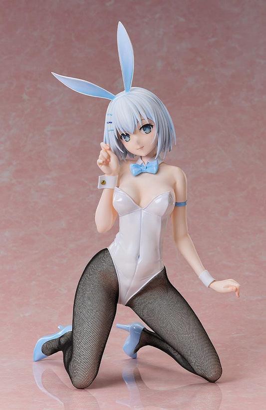 Anime scale figure of Date A Live’s Origami Tobiichi in a white and blue bunny outfit, kneeling with one hand raised to her ear and wearing real fishnet stockings.
