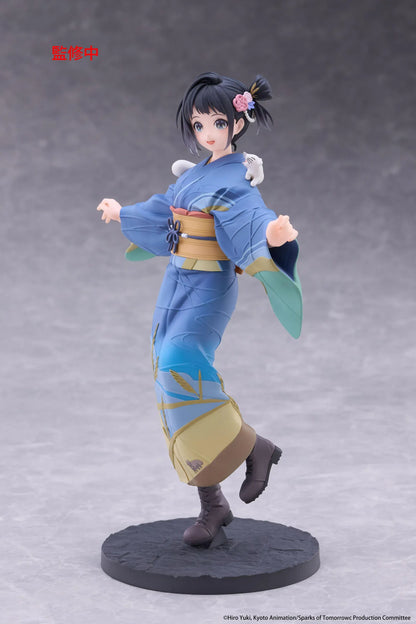 Sparks of Tomorrow Inako Momokawa Coreful Figure featuring a dark-haired anime girl with a pink floral hair accessory, blue kimono with gold and green accents, golden obi, brown boots, and a small white cat perched on her shoulder, standing on a textured circular base.