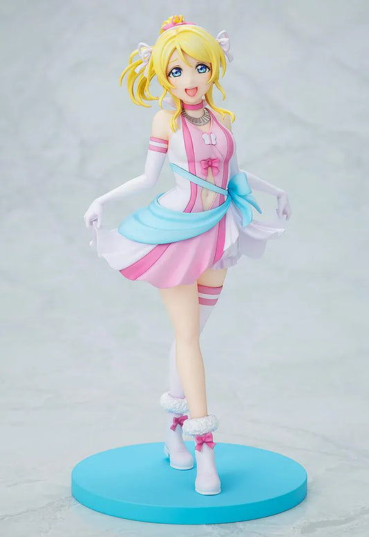 Love Live School Idol Project Eli Ayase Bokutachi wa Hitotsu no Hikari Ver. Figure with blonde hair, pink-and-white idol outfit, blue sash, and display base