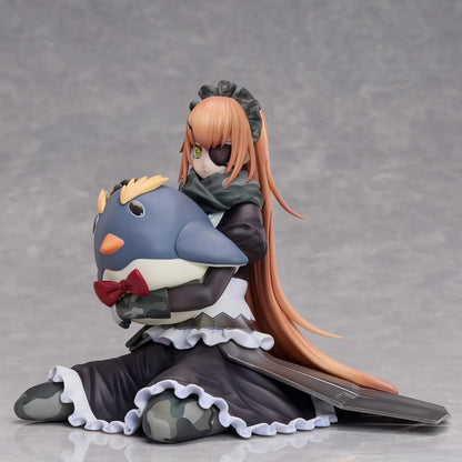 Overlord CZ2128 Delta 1/6 scale figure wearing her camouflage maid uniform and eyepatch while seated with a large penguin plush.