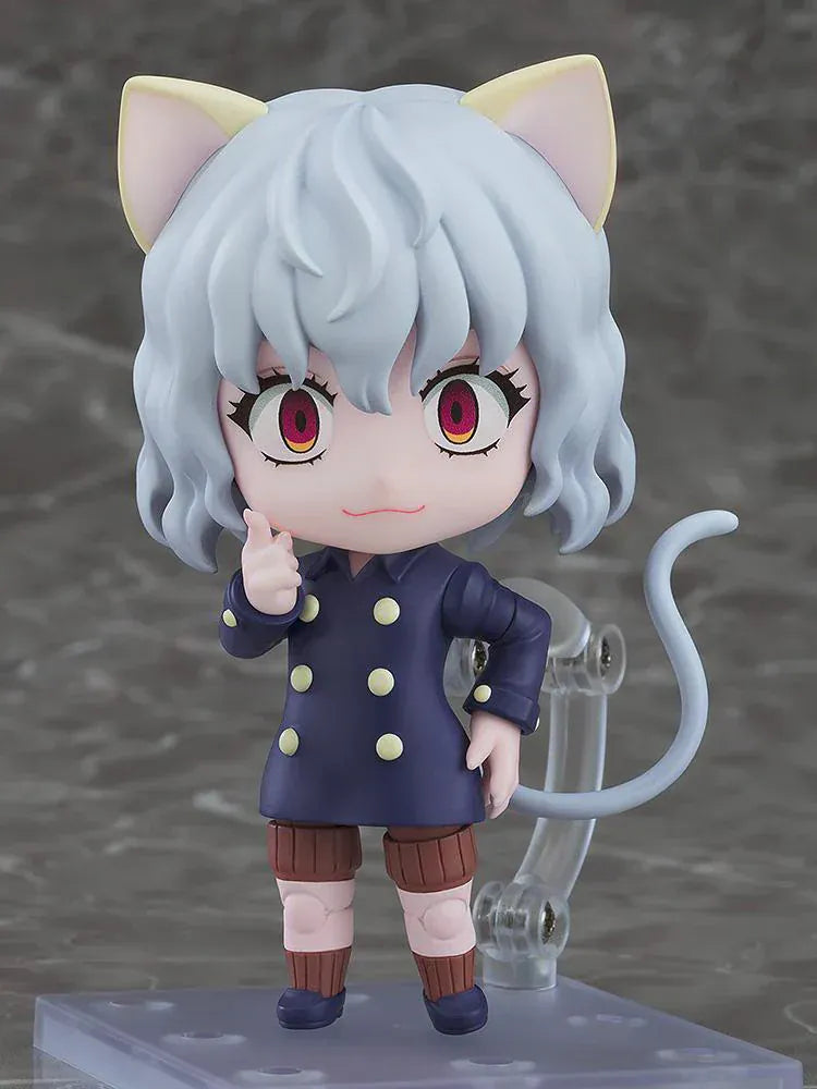 Hunter x Hunter Nendoroid No.2913 Neferpitou chibi figure with cat ears, curly hair, navy coat, and tail
