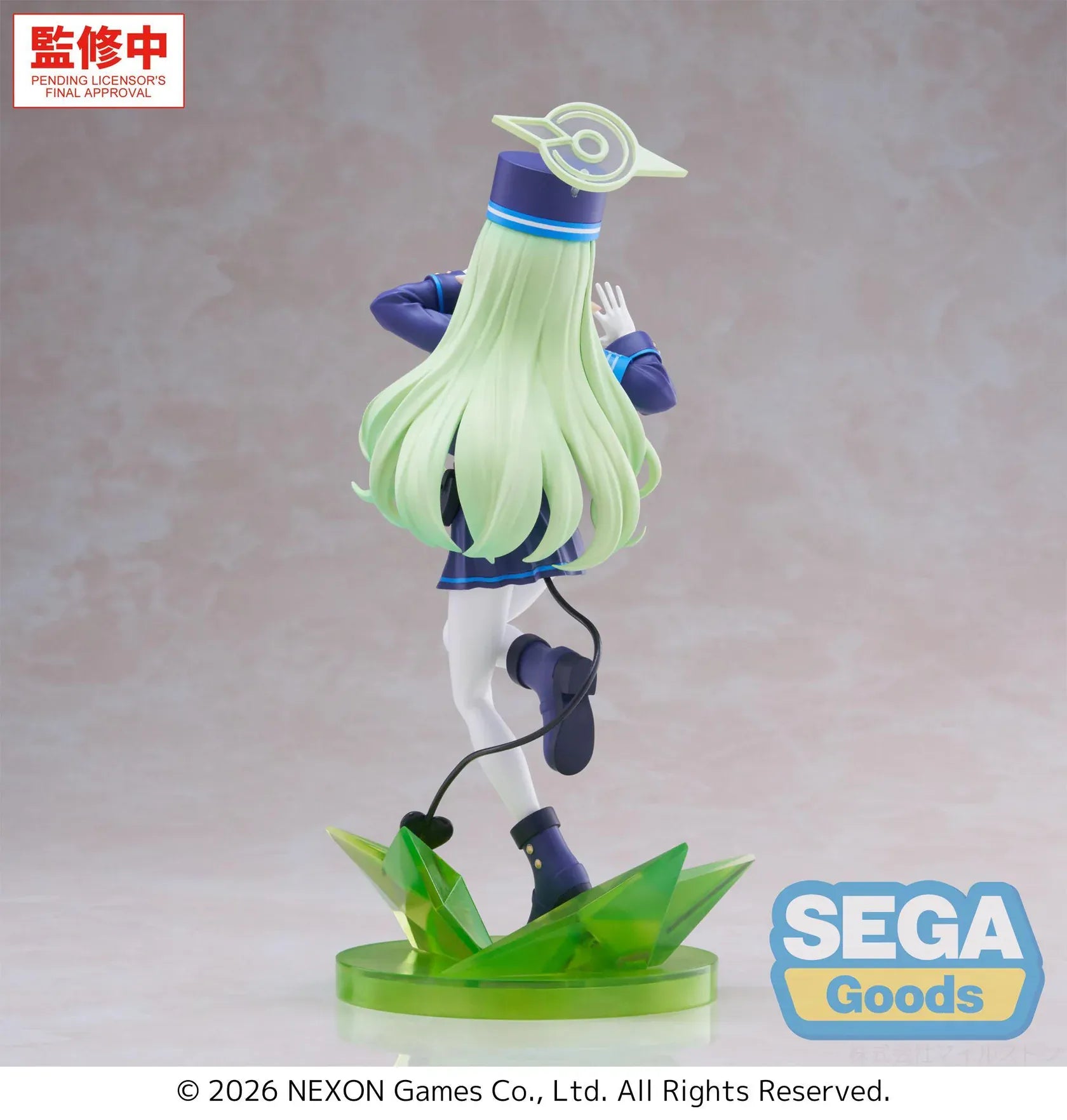 Blue Archive XStellar Hikari Figure with green hair, uniform-inspired outfit, matching hat, and green crystal-style display base