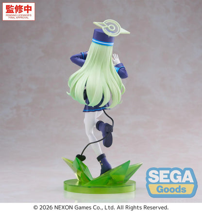 Blue Archive XStellar Hikari Figure with green hair, uniform-inspired outfit, matching hat, and green crystal-style display base