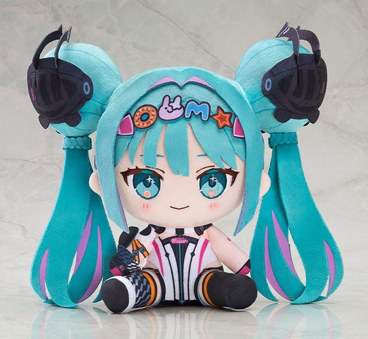 Hatsune Miku Chocopuni plush Racing Miku 2026 version with teal twin-tails, racing outfit, and headband accessories