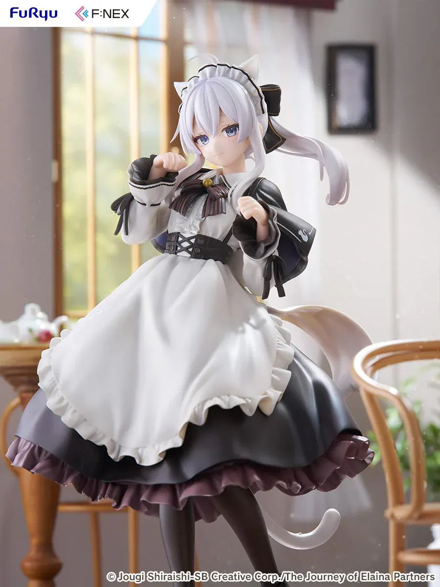 Elaina maid costume with cat ears scale figure from Wandering Witch, standing in a pawing pose with frilled monochrome dress and flowing twin-tail hair.