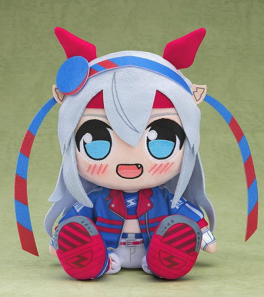 Umamusume Pretty Derby Kuripan Plushie Tamamo Cross featuring a chibi plush design with horse ears, blue and red outfit, and cheerful embroidered expression