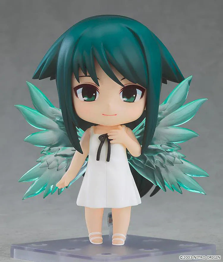 Nendoroid Saya from Saya no Uta with teal hair, white dress, and translucent wings.