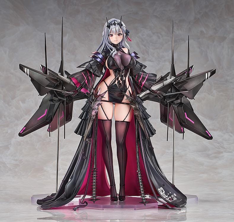 1/7 scale figure of Modernia from Goddess of Victory: Nikke in her Second Affection outfit, wearing a black coat with crimson lining and large mechanical wing units extending from her sides.