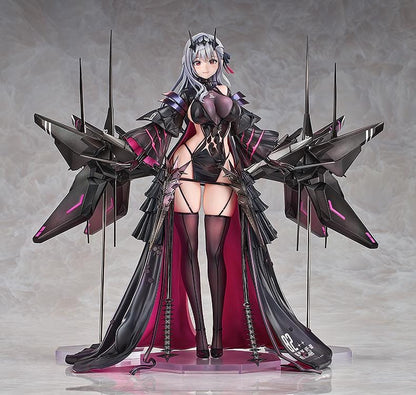 1/7 scale figure of Modernia from Goddess of Victory: Nikke in her Second Affection outfit, wearing a black coat with crimson lining and large mechanical wing units extending from her sides.