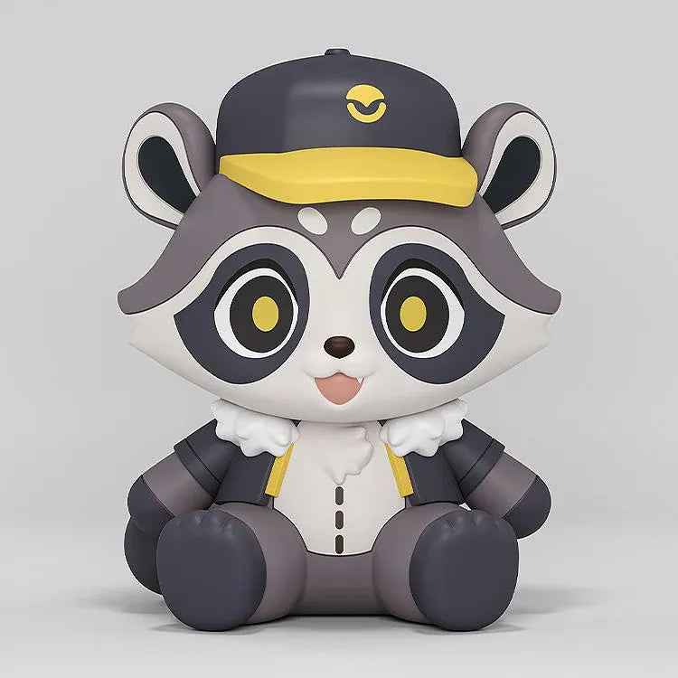 Honkai Star Rail Baseball Raccoon Huggy Good Smile figure wearing a black-and-yellow baseball cap in a seated pose.