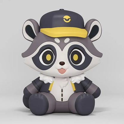 Honkai Star Rail Baseball Raccoon Huggy Good Smile figure wearing a black-and-yellow baseball cap in a seated pose.