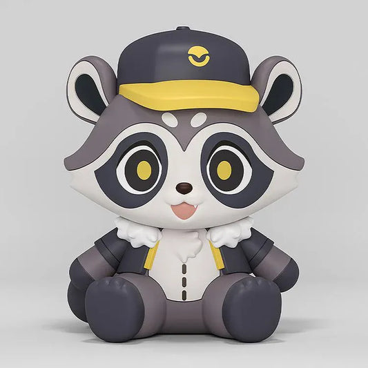 Honkai Star Rail Baseball Raccoon Huggy Good Smile figure wearing a black-and-yellow baseball cap in a seated pose.