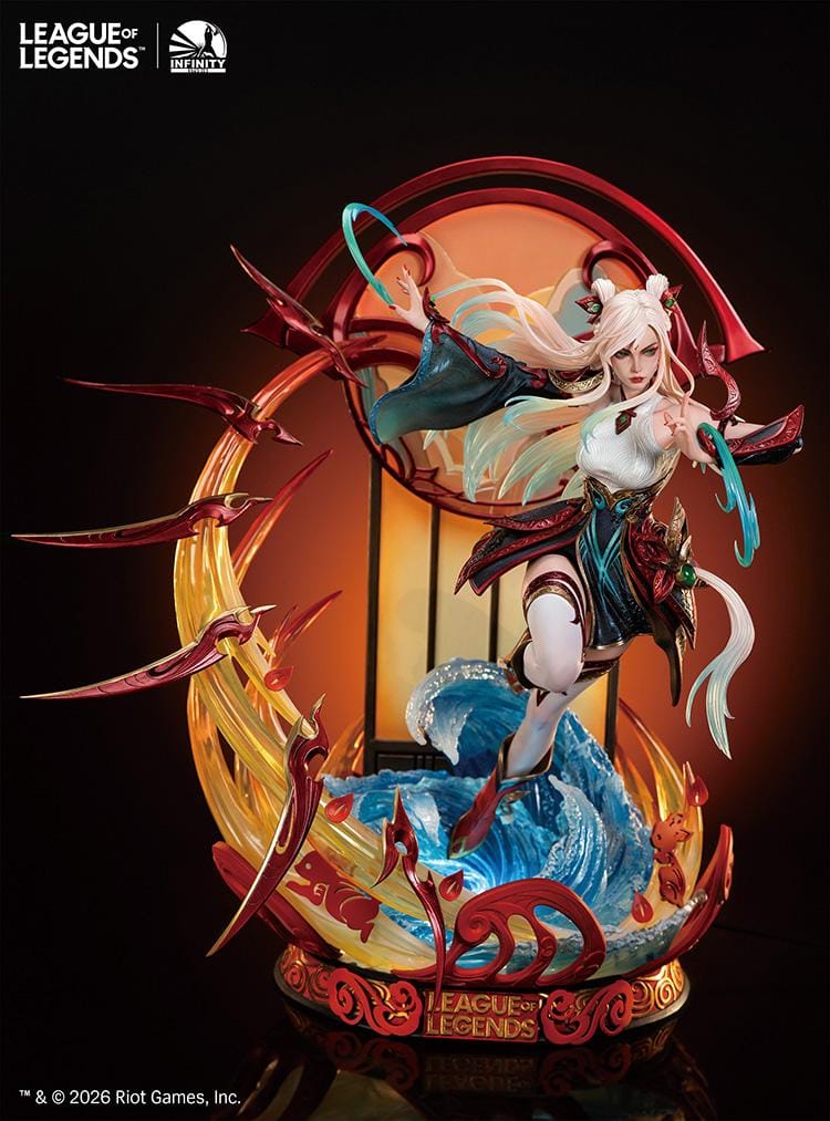 Infinity Studio League of Legends Mythmaker Irelia 1/4 scale figure surrounded by floating red blades, translucent waves, and an ornate base.
