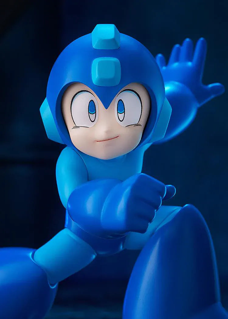 Pop Up Parade Mega Man figure in bright blue armor, posed in a dynamic running attack stance