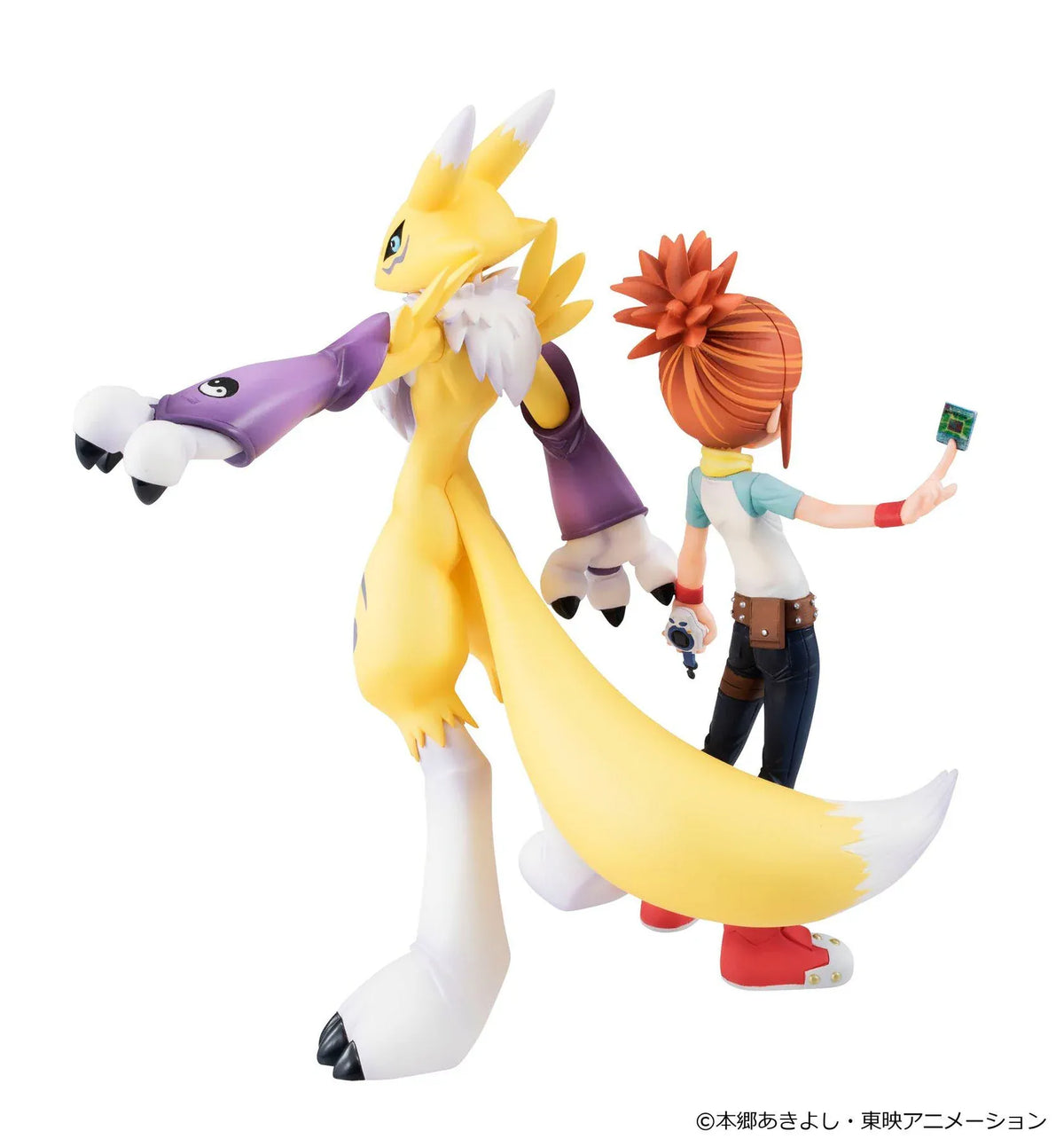 Digimon Tamers G.E.M. Series Renamon and Rika Nonaka figures, with Rika raising a green card beside yellow Renamon wearing purple yin-yang arm guards.