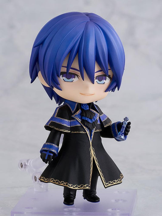 Vocaloid Nendoroid No.2973 Kaito Cantarella Ver. wearing black and blue ornate coat holding small bottle accessory.