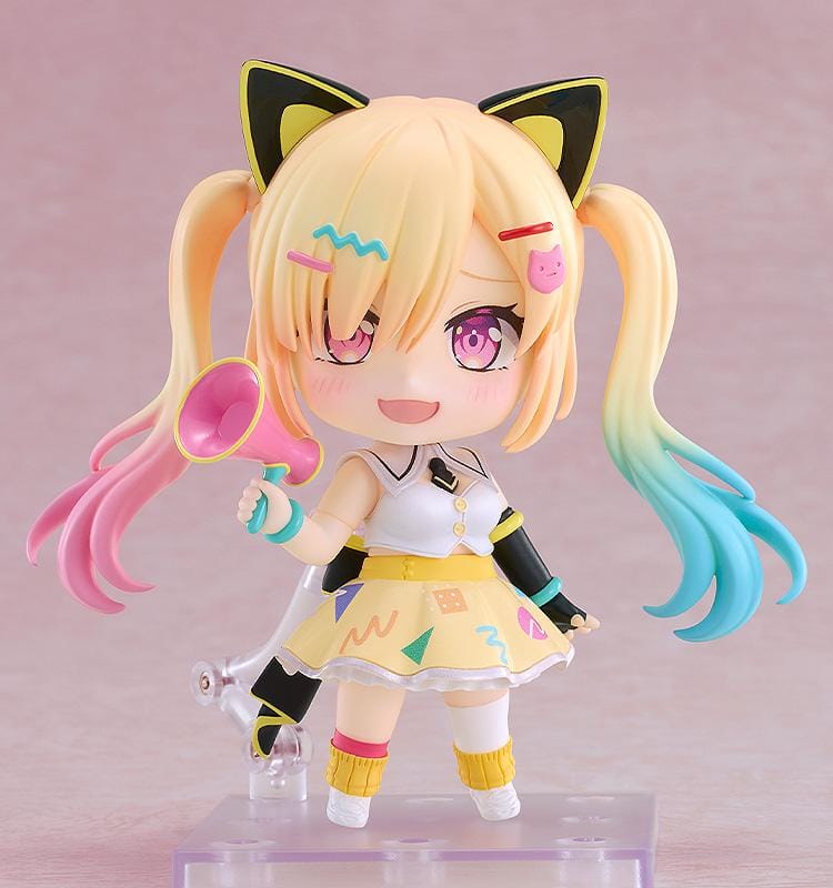 BanG Dream Nendoroid Arale Nakamachi Figure with blonde twin-tails, cat-ear accessories, colorful outfit, megaphone accessory, and chibi display base